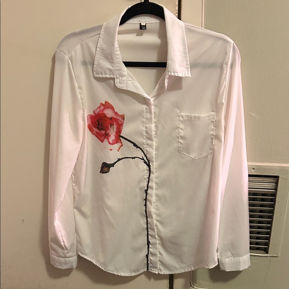 White Shirt with Red Rose Design